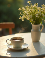 cup of tea with flowers at the window green summer slow morning routine