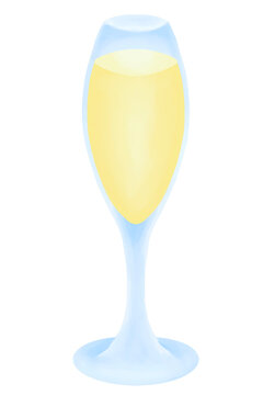 Glass of champaign in cartoon style draw and water color paint style