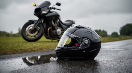 Cracked motorcycle helmet lying on wet asphalt with fallen motorcycle in background, suggesting a road accident