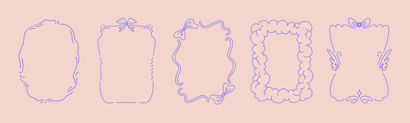 Collection of doodle hand drawn trendy frames with wavy lines, bows and ribbons. Minimalist line art for birthday, christmas, wedding Invitations.
