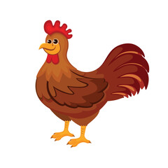 Cute rooster in cartoon style vector illustration. Funny chicken bird male cartoon character. Happy rooster icon vector isolated on a white background