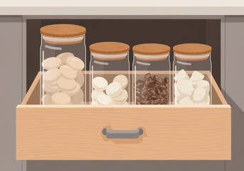 Illustration of open cabinet with aesthetic glass jars with wooden lids. Jars filled with candies. Kitchen furniture design. Organization and storage concept. AI generated