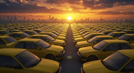 Obraz premium Sunset Cityscape with Rows of Yellow Cars