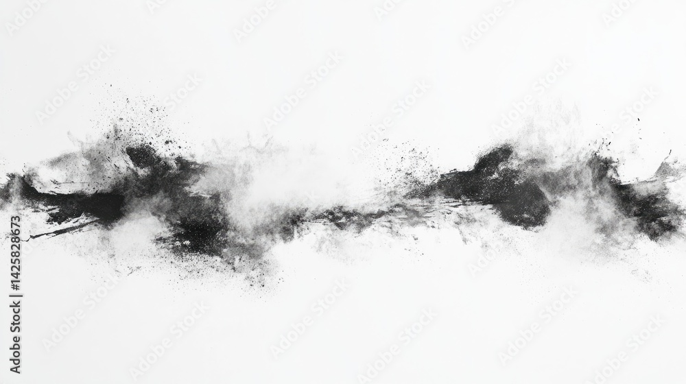 Poster dynamic black powder splash action on pure white background abstract art horizontal view