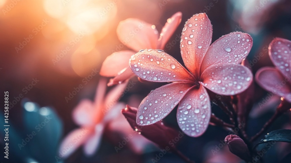 Poster a close-up of a flower with drops of water on its soft, pink petals, glowing in natural light, addin