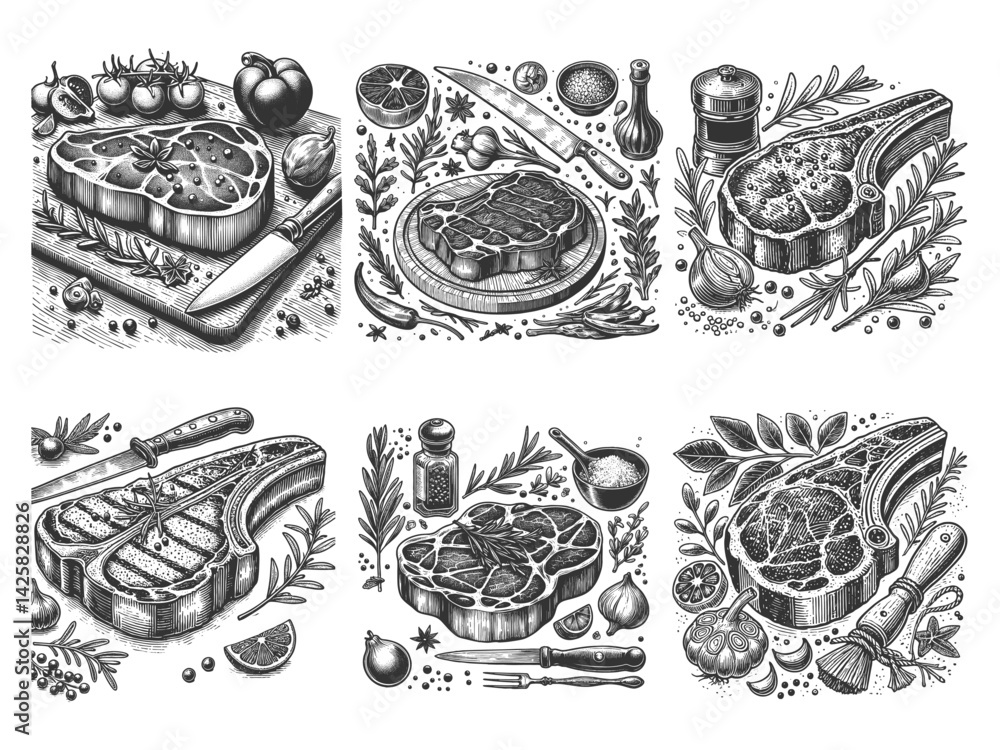 Poster cuts of steak with herbs, spices, and vegetables in a gourmet setting set collection bundle sketch e