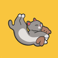 Hugging a Doll Sleeping Cat Meme Sticker T-shirt Vector Cute Illustration