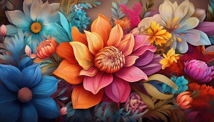 Stunning Bright Color Flowers Wall Mural Vibrant Blossoms Energize a Whimsical Scene, Perfect for Digital Art, Home Decor, or Design Inspiration