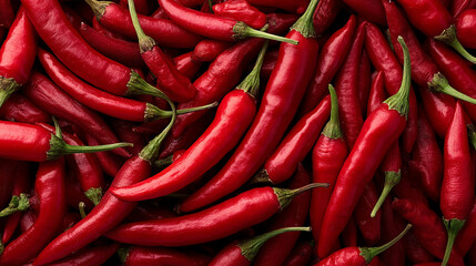 Close-up of fresh red chili peppers piled together in a vibrant display