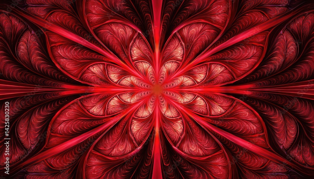 Poster stunning red fractal computer graphics intricate geometric patterns illuminating a vibrant and mysti