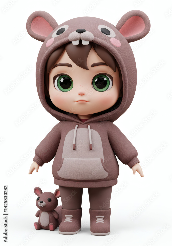 Poster charming 3d render of a child in a mouse costume with tiny stuffed toy