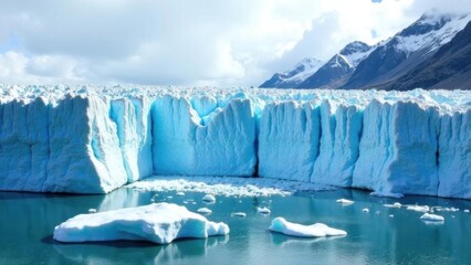 A dramatic view of a glacier breaking apart, with wide cracks and fallen ice blocks scattered