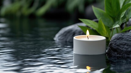 Tranquil candle by the water.  A serene scene of a small, white candle floating on a calm pond, surrounded by lush greenery and smooth rocks.  Soft, warm light emanates from the candle