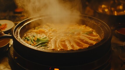 A close-up of a hot pot filled with boiling broth and fresh vegetables, with thin slices of pork ready to be dipped in, surrounded by sauces and condiments