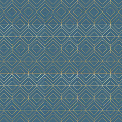 Seamless Diamond Shaped Geometric Pattern with Gold Lines on Blue Background – Elegant and Modern Design. Square shape pattern. Geometric Gold Line Pattern – Modern Luxury Abstract Design