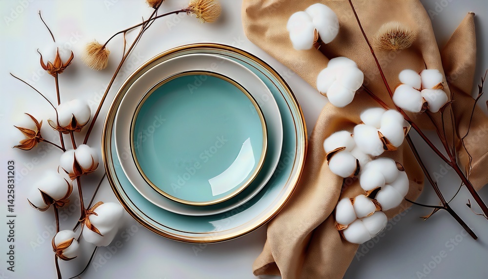 Poster elegant white plates set against a minimalist cotton backdrop crisp and clean design elements create