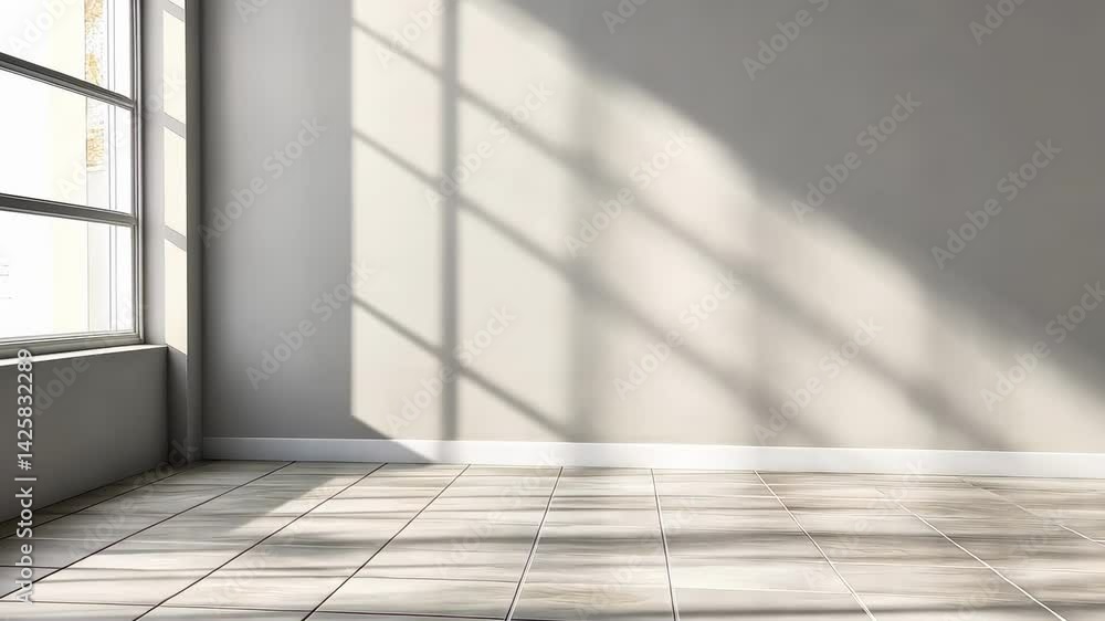 Poster Natural light illuminating empty room with tiled floor and large window changes throughout the day. Creating various shadow patterns. Ideal for architectural visualization or interior design projects