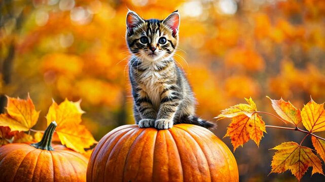 Cute cat with pumpkin on blurred automn background with orange leaves	
