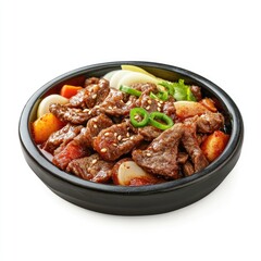 Korean beef stew with vegetables in a dark bowl.