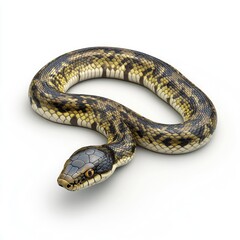 Fototapeta premium A coiled snake with intricate patterns displays its head.