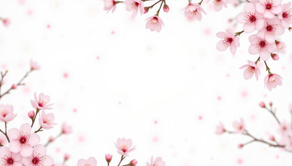 Naklejka premium Beautiful cherry blossoms frame serene background, creating peaceful atmosphere filled with delicate pink petals and soft hues. This floral design evokes feelings of tranquility and renewal