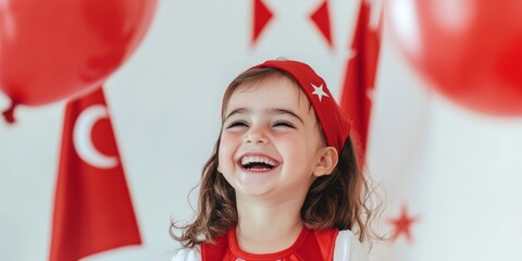 Smiling little girl in red and white during National Sovereignty and Children’s Day celebration in Turkey. Joyful preschool child with balloons and patriotic decor on April 23.