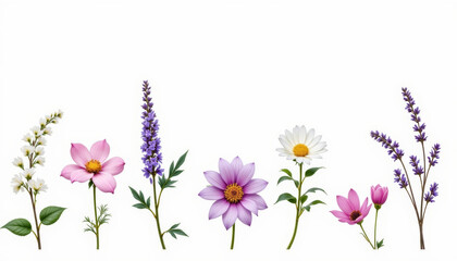 Obraz premium Beautiful flowers arranged in row showcase vibrant colors and diverse shapes against clean background. Each bloom adds unique touch to overall aesthetic, creating serene and inviting atmosphere
