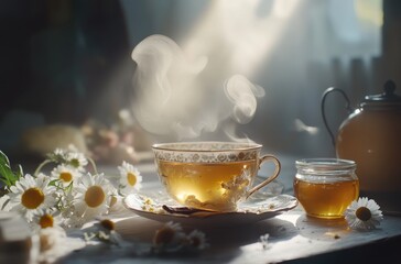 Elegant chamomile tea in a delicate porcelain cup,