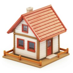 Colorful, stylized cottage home with red roof and wooden details.