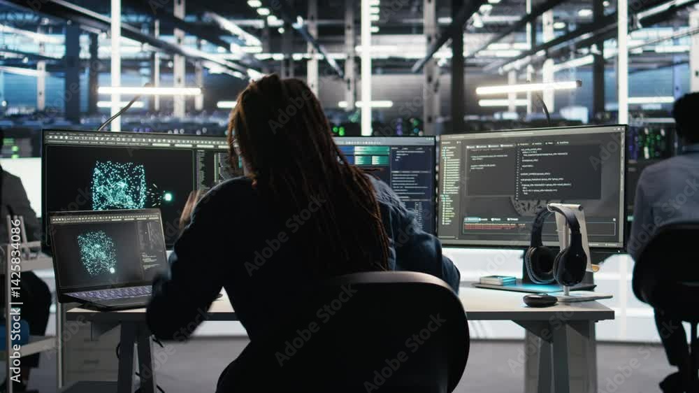 Poster irritated data center engineer punching desk, irked by glitches while using algorithms to analyze da