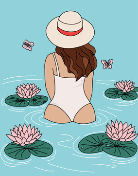 Woman in Pink Water Lily Pond Illustration