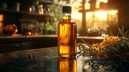 A beautifully lit glass bottle of golden oil sits on a kitchen countertop surrounded by herbs