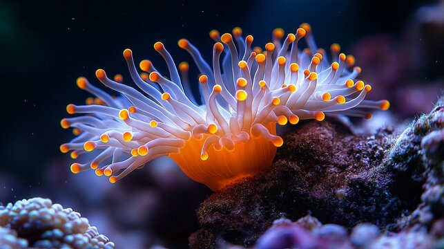 Macro of Galaxea fascicularis (galaxea coral) with glowing tentacle tips,generative ai illustration