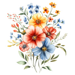Watercolor Floral Bouquet Blue Orange Red Yellow Wildflowers PNG Transparent Background Wedding Invitation Greeting Card Logo Design Element DIY Project Clipart Illustration Botanical Art Print