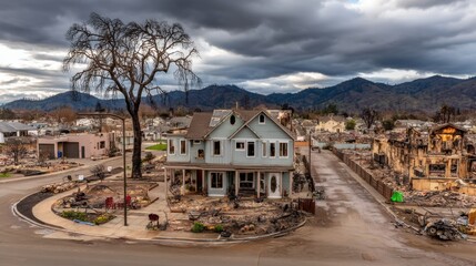 Fototapeta premium Post-Disaster Suburban Landscape: Resilient House Amidst Ruins