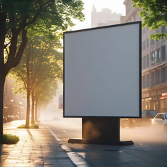 Large Blank Billboard Stands Tall by Busy City Street, Surrounded by Lush Trees and Serenity