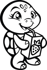 A cute cartoon turtle drinking from a juice box premium quality vector art, A cute cartoon turtle drinking from a juice box silhouette and line art vector illustration design