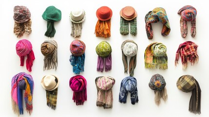 Stylish Thrifted Hats and Scarves on White Background
