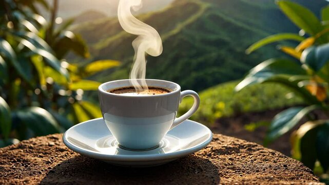 Brazilian coffee plantation with hot cup of coffee on the background