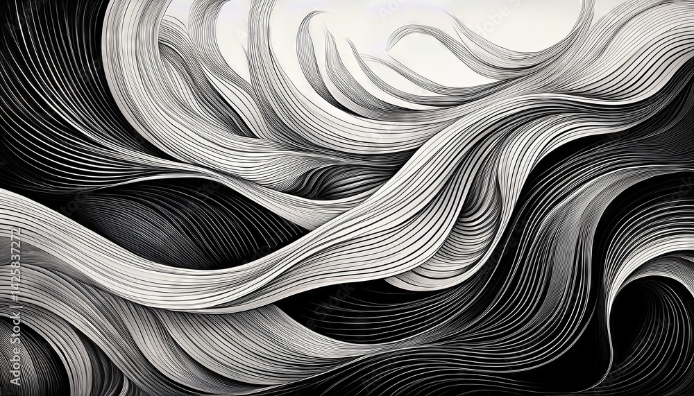 Poster monochromatic waves striking black and white drawing of intricate wavy lines on a canvas, depicting 