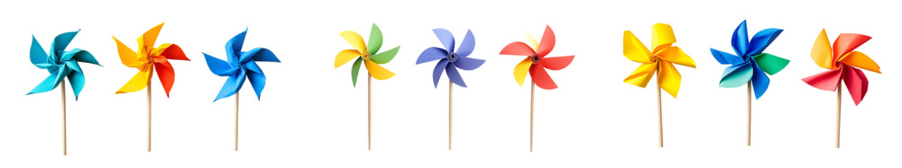 Set of colorful pinwheels, isolated on a transparent background.