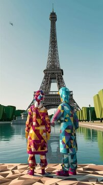 Stylized women in vibrant geometric outfits gaze at the Eiffel Tower by the river at sunset