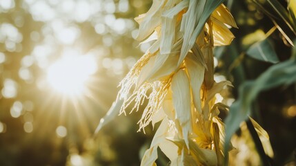 Obraz premium A close-up of corn husks partially peeled on the stalk, with sunlight shining through the green leaves and a clear sky above, symbolizing the ripening harvest season