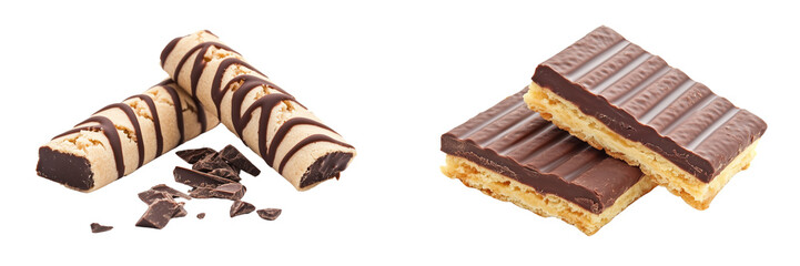 Set of two striped wafers with chocolate, isolated on a transparent background.