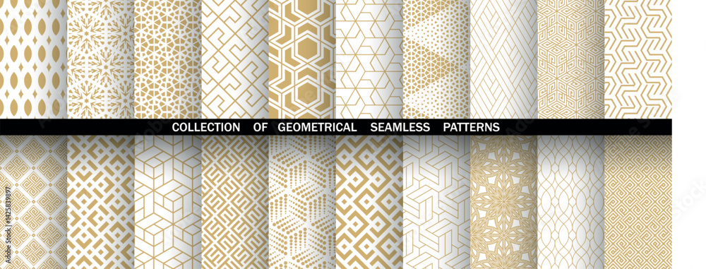 Poster geometric set of seamless golden and white patterns. simple vector graphics