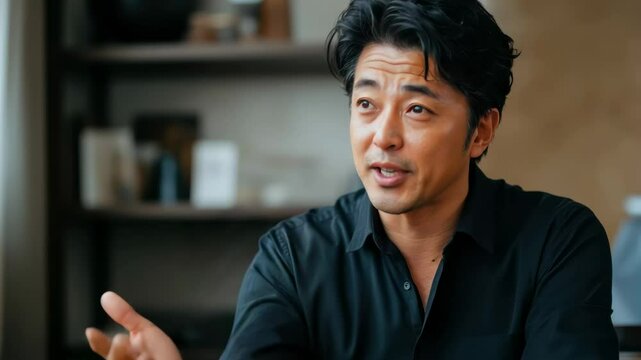 プレゼンやスピーチで聴衆に向かって話す日本人男性（講演・会社員・講師・起業・教育）