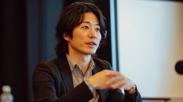 プレゼンやスピーチで聴衆に向かって話す日本人男性（講演・会社員・講師・起業・教育）