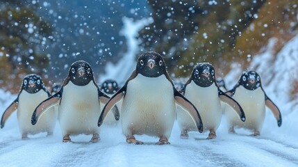 Penguins in snowy terrain