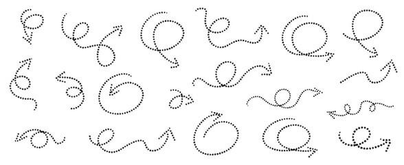 Hand drawn dotted arrows. Handdrawn freehand different curved lines, swirls arrows. Curved arrow line. Doodle, sketch style. Isolated Vector illustration.
