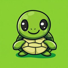 Fototapeta premium Cute cartoon turtle, green background, children's illustration